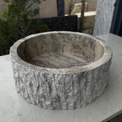 Silver Travertine Vessel Sink, Circle Chiseled Natural Stone Bathroom Basin, Marble Bathroom Vanity Sink, Rustic Vessel Sink, Small Basin