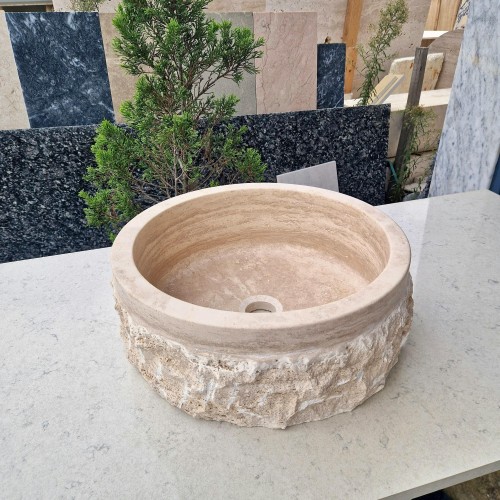 Round Travertine Sink, Natural Stone Bathroom Vessel Sink, Marble Vanity Sink, Stone Countertop Basin, Rustic Chiseled Travertine Washbasin