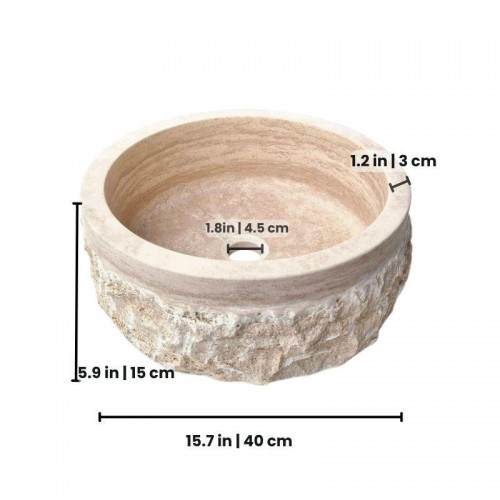 Round Travertine Sink, Natural Stone Bathroom Vessel Sink, Marble Vanity Sink, Stone Countertop Basin, Rustic Chiseled Travertine Washbasin