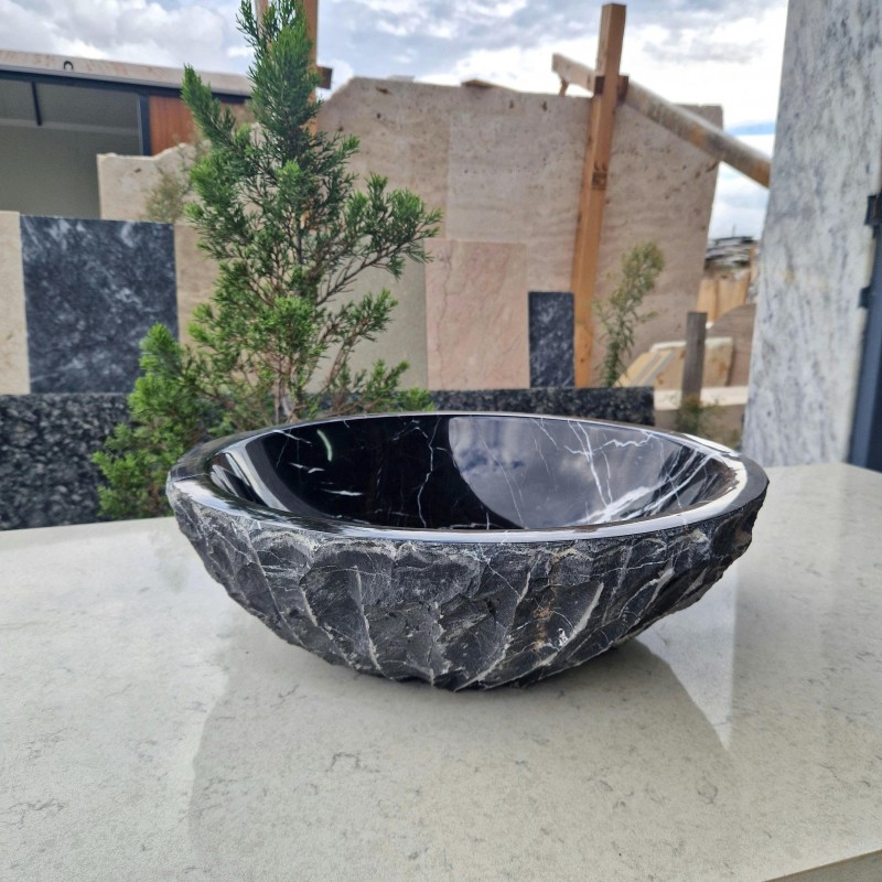 Black Marble Vessel Sink, Chiseled Marble Bathroom Wash Basin, Unique Vanity Decor Sink, Natural Stone Handcrafted Vessel Sink, Marble Basin