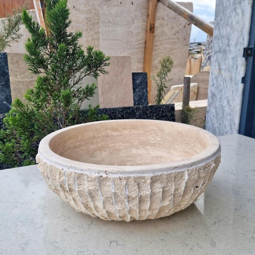 Unique Travertine Bathroom Countertop Sink, Round Chiseled Natural Stone Basin, Luxury Travertine Vessel Sink, Beige Vanity Vessel Sink