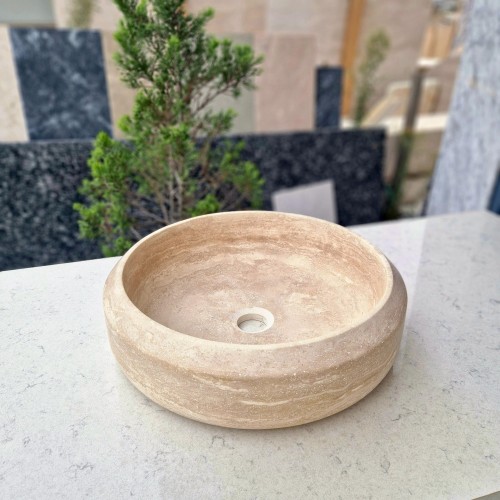 Japandi Bathroom Vessel Sink, Travertine Vanity Sink, Modern Powder Room Countertop Marble Sink, Natural Stone Round Basin, Travertine Basin